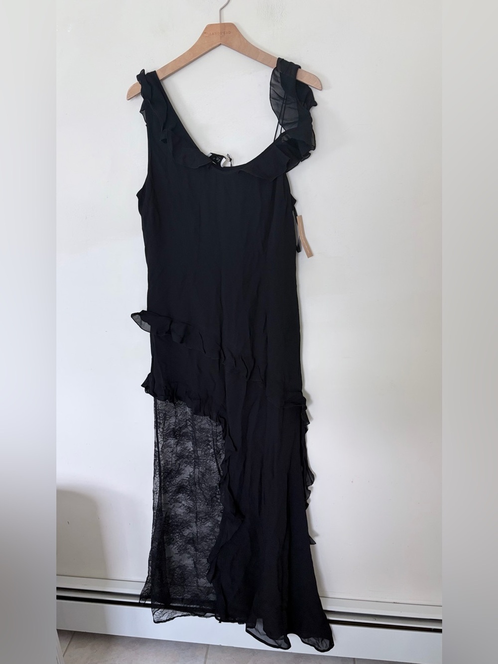 NWT O.P.T. ruffled sleeveless maxi dress in black with sheer lace panels size 12